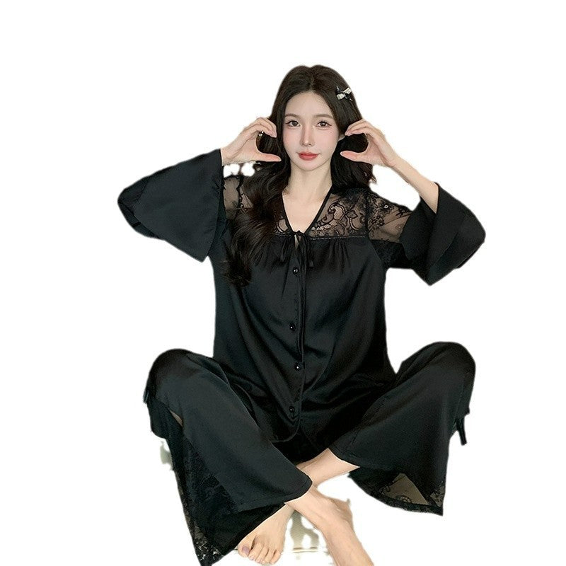 Women's Long-sleeved Ice Silk Pajamas Lace Suit