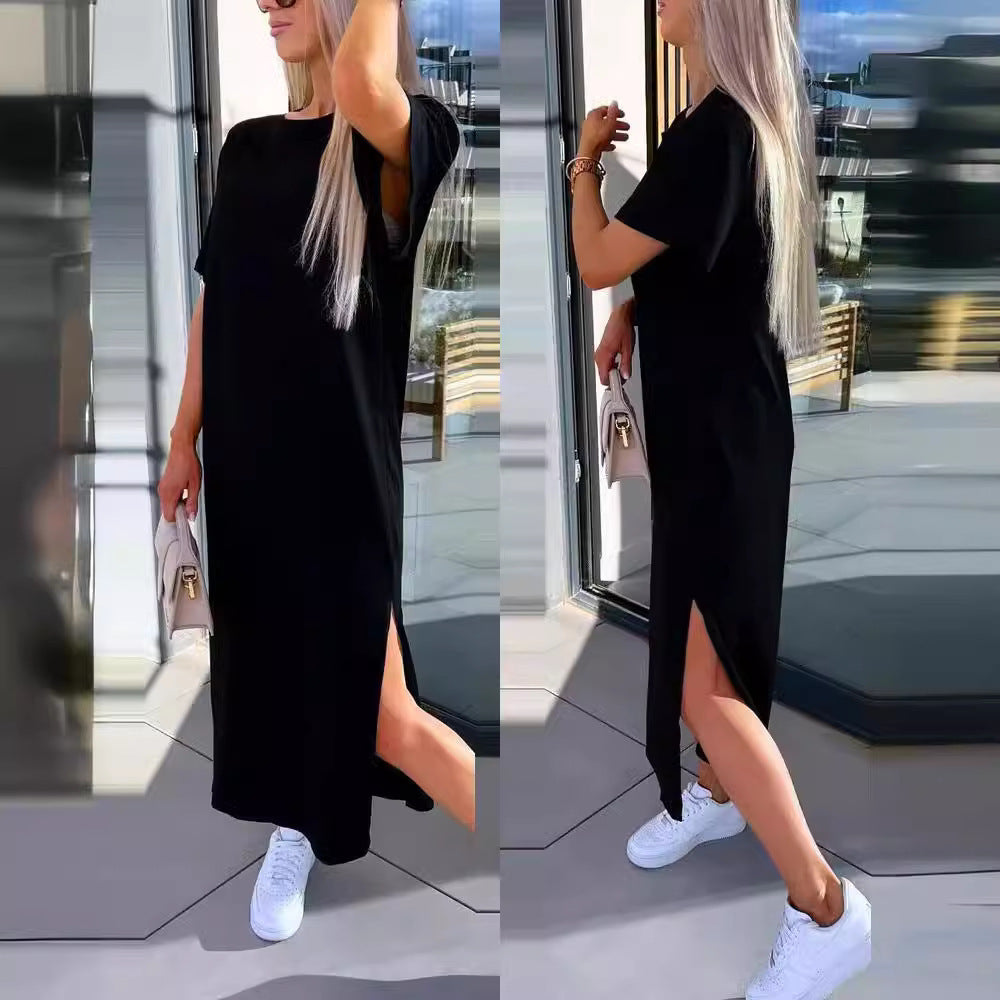 Solid Color Short Sleeve Round Neck Slit Hemline At Hem Dress
