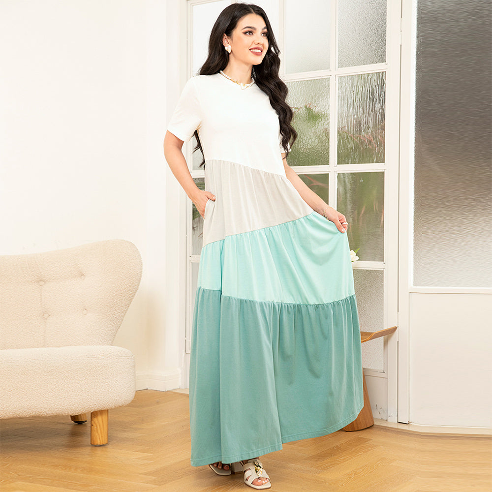 Sweet Round Neck Color Contrast Splicing Pattern Splicing Pocket Regular Sleeve Long Dresses