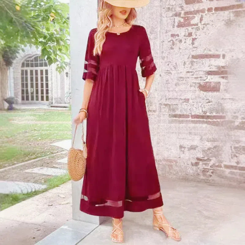 New Hot Selling Plus Size Women's Five Quarter Sleeve Mesh Round Neck Dress With Pockets