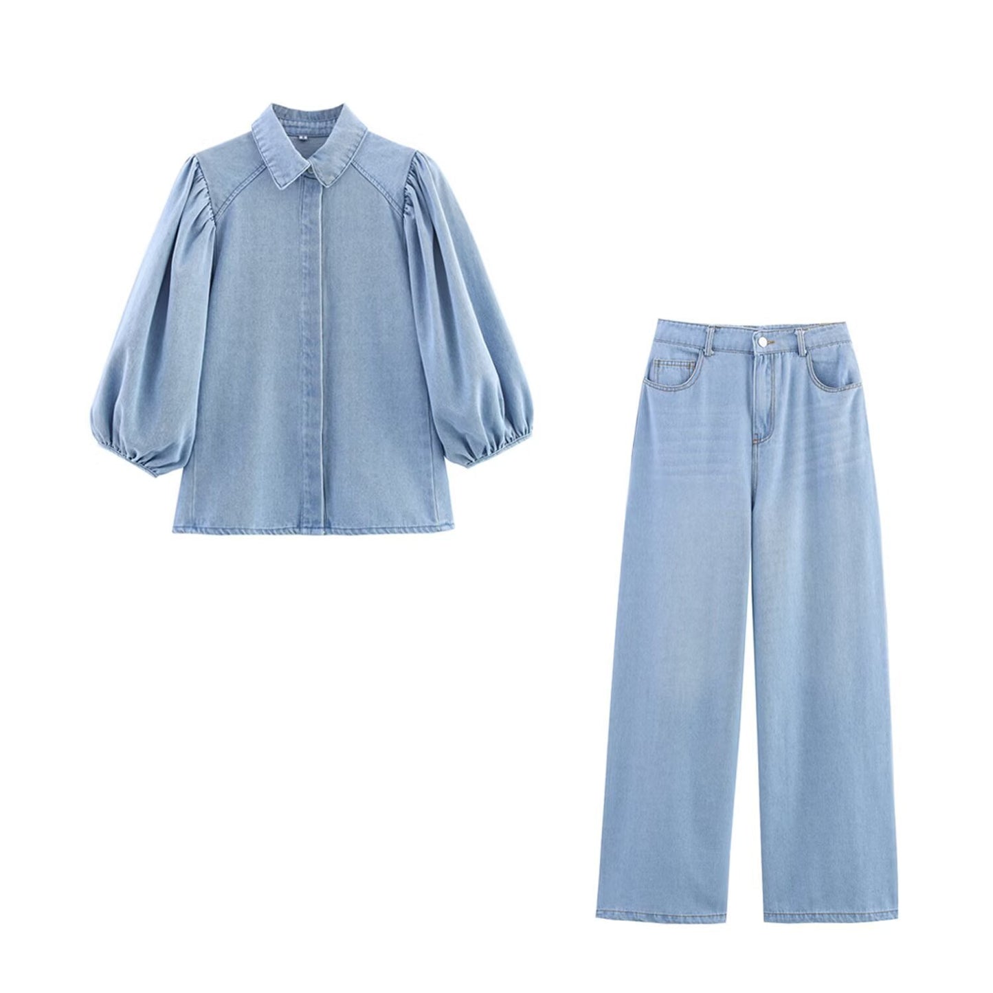 Women's Puff Sleeves Denim Shirt Jeans Suit