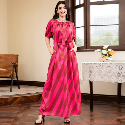Elegant Style Ruffle Collar Stripe Color Contrast Pocket Bandage Puff Sleeve Long Dresses