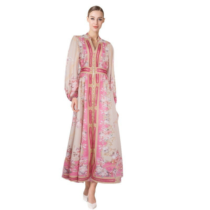 Stand Collar Positioning Printed Lantern Sleeve Dress