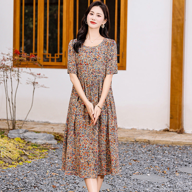 Cotton Silk Fashion Floral Loose Plus Size Outer Wear Dress