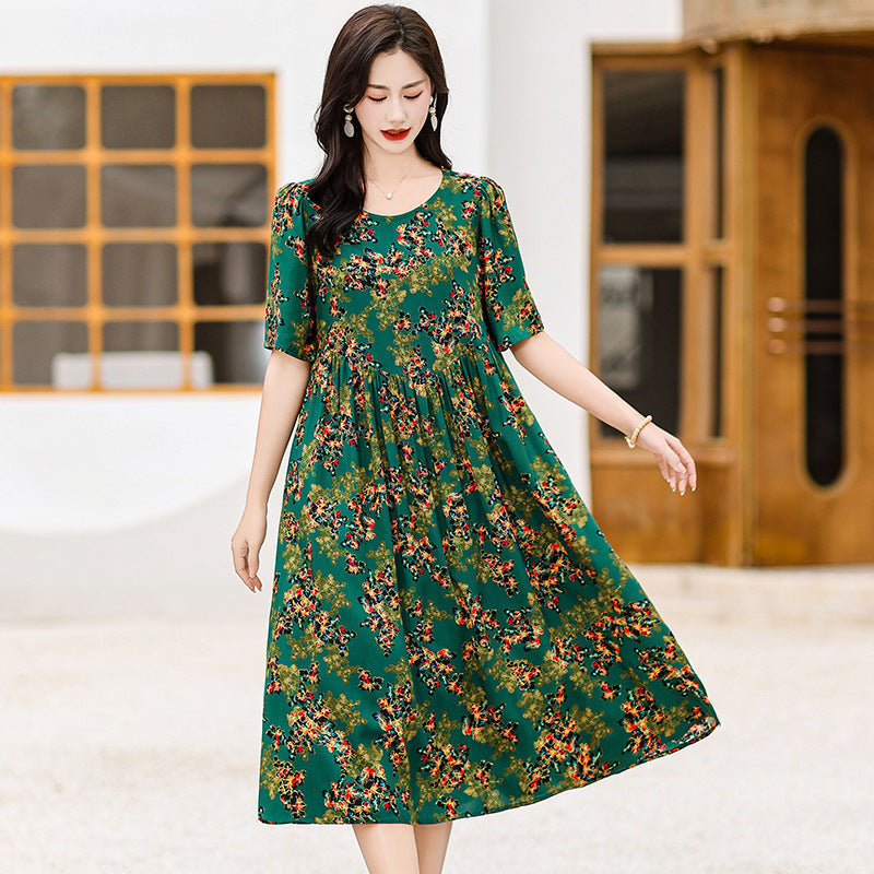 Cotton Silk Fashion Floral Loose Plus Size Outer Wear Dress