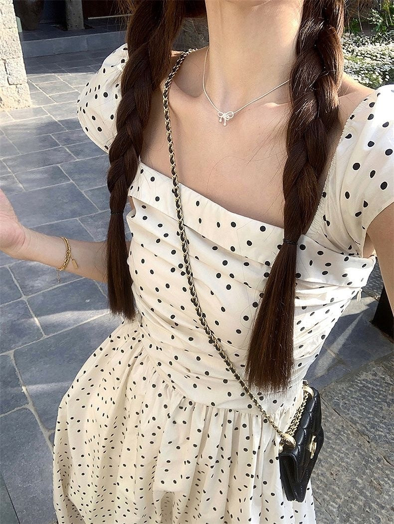 French Square Collar Polka Dot Flying Sleeve Dress