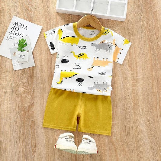 YELLOW GREY DINOSAUR PRINTED SHORT SLEEVE KIDS WEAR