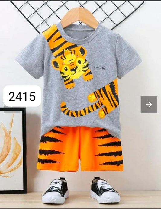 YELLOW TIGER PRINTED SHORT SLEEVE KIDS WEAR